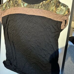 Black and Tan Color-Blocked Blouse with Textured Fabric